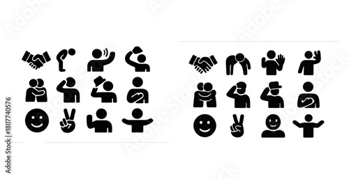 Black and white icon set: gestures and expressions of greeting and agreement