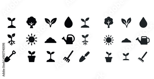 Gardening icons collection: plants, trees, tools, and symbols in black silhouette