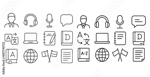 Communication and technology icons: microphone, headset, laptop, translation