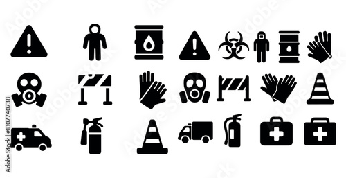 Safety icons set: hazard symbols, emergency equipment, health precautions