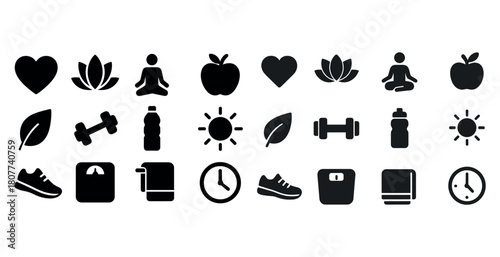 Wellness icons: fitness, nutrition, meditation, and health symbols