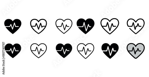 Heartbeat icons set with various heart designs and ekg lines