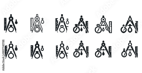 Set of geometric drawing tools icons: compass, ruler, protractor, set square