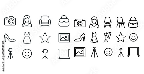 Icon set featuring camera, female portrait, chair, handbag, shoe, star, smile