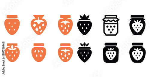 Strawberry jam icons set in black and orange variations