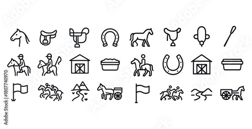 Horse riding icons: saddles, horseshoes, barns, riders, race tracks