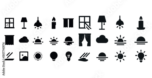 Icon set featuring sun, clouds, curtains, and lamps in minimalist design
