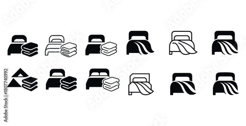 Bed and towel icons set in black and white - simple bed and linen symbols