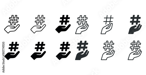 Collection of hand holding hashtag icons in various styles and colors