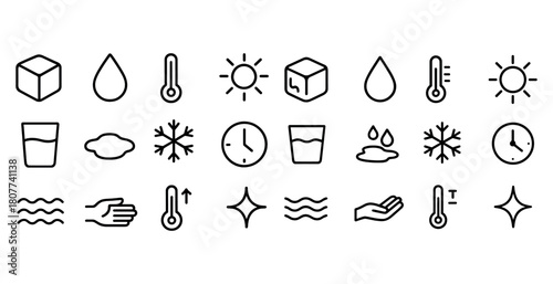 Weather and temperature icons including sun, thermometer, water, ice cube, snowflake, cloud