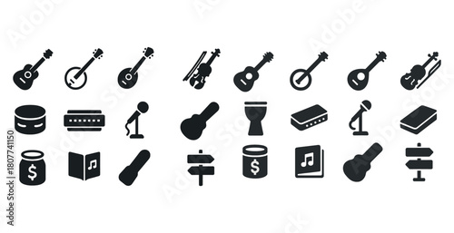 Musical instrument icons collection: guitars, drums, microphones, violins, harmonicas