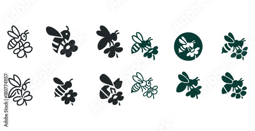 Collection of diverse bee icons featuring various designs and styles