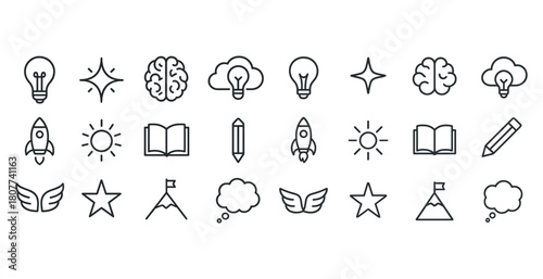 Creative icons set: light bulb, brain, rocket, sun, book, pencil, wings, star, mountain, thought bubble