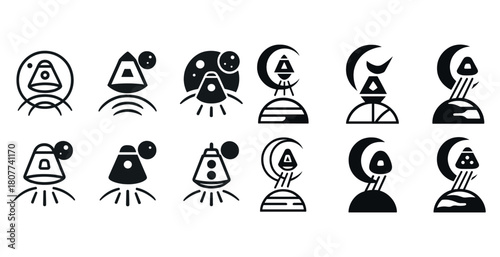 Set of abstract space icons with spaceships and celestial elements in black and white