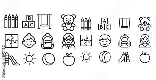 Black and white education icons: school supplies, toys, and child faces