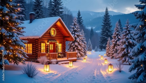 Cozy Winter Cabin Surrounded by Snow-Covered Trees and Glowing Lanterns at Twilight