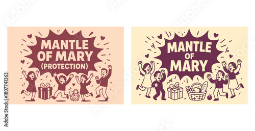 Celebration under the mantle of mary with joyful caucasian characters and gifts