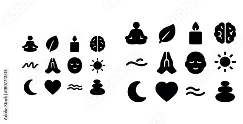 Meditation and relaxation symbols: yoga, mindfulness icons, zen elements in black