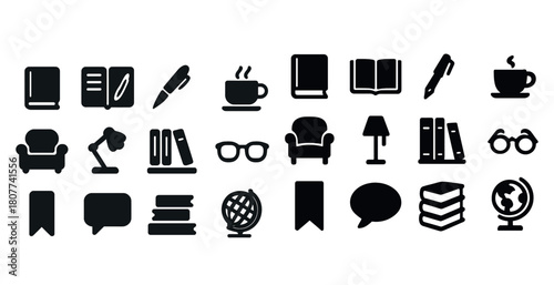 Library and office icon set with books, pens, and coffee
