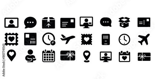 Collection of black communication and delivery icons including package, airplane, and love stamp designs