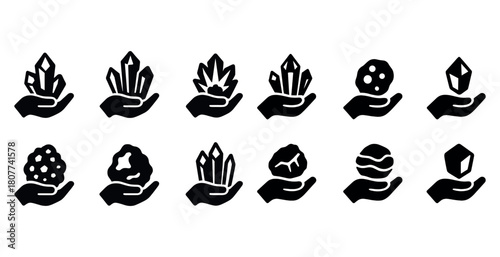 Collection of mineral and crystal icons with hands