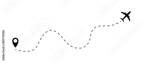 The plane icon follow from start pin point to finish by dashed line. Airplane dashed line path flat style design isolated on white background. Airplane route trace flight air map.