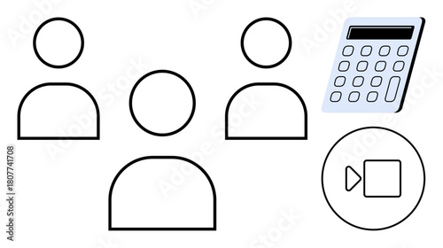 Group of people icons, a calculator, and a video call icon highlighting teamwork, virtual collaboration, communication, remote work, planning, organizational tasks and financial discussions. Ideal