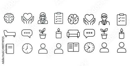 Mental health and therapy icons featuring brain, heart, and people symbols