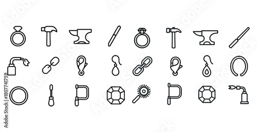 Jewelry making tools icons: rings, hammers, anvils, and jewels in black and white line art