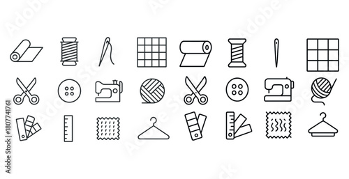 Sewing and tailoring tools icon set: needles, fabric, scissors, buttons, thread