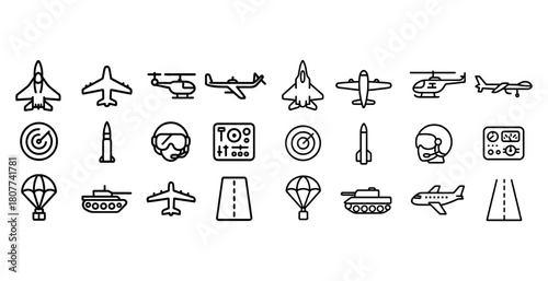 Aircraft and military symbols: helicopters, jets, parachutes, and tanks