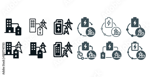 Renewable energy icons depicting power stations, batteries, and people engaged in energy activities