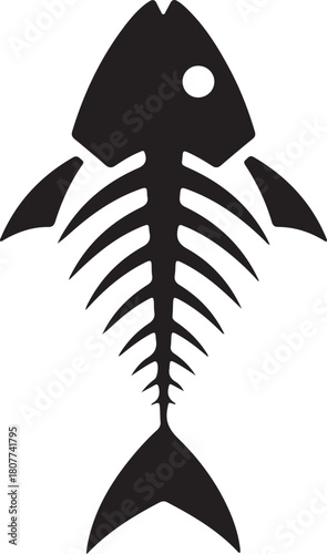 Stylized black fish skeleton icon showing detailed bones and head on a clean white background, representing marine ecology or death.