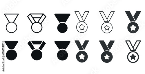 Various black and white medal icon designs with stars and ribbons