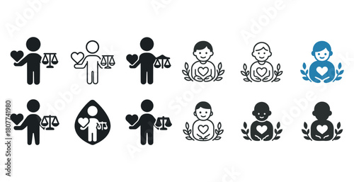 Set of justice and compassion icons with diverse characters holding hearts