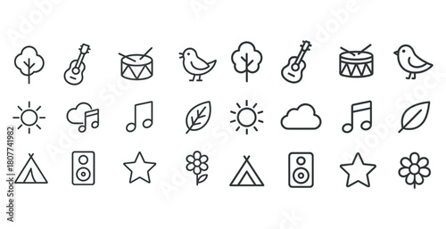 Nature and music icons set: trees, instruments, weather, and activity symbols
