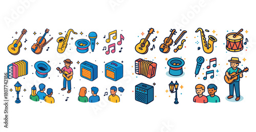 Cartoon music instruments and musicians with audience and musical notes