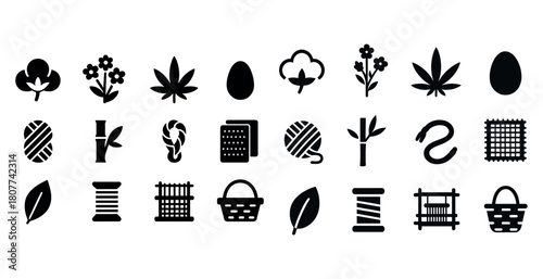 Silhouette icons of natural fibers and craft materials in black and white