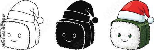 Cute christmas sushi character with santa hat vector outline, silhouette, and full color illustration, perfect for holiday designs and food art