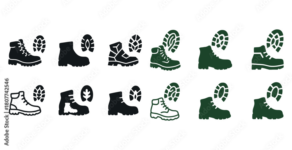 Obraz premium Various hiking boot icons with footprints in black and green
