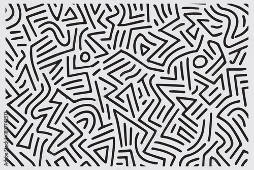 Abstract black and white geometric maze pattern with organic lines and circular shapes creating a complex visual texture