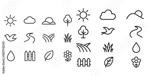Minimalist nature icons with sun, trees, clouds, and more