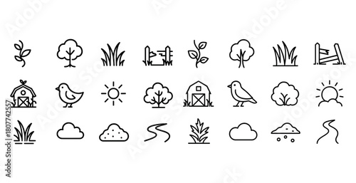Set of minimalist nature and farm icons with trees, birds, sun, and clouds