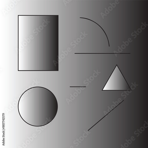 Collection of basic geometric shapes including a cylinder circle triangle and lines on a grayscale gradient background
