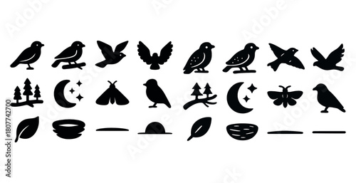 Set of bird, nature, and celestial icons in silhouette style