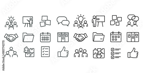 Collection of business and collaboration icon set representing communication and organization