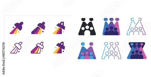 Colorful abstract icons with rocket and people motifs