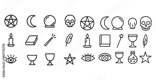 Mystic symbols collection: pentagram, moon, crystal ball, skull, candle, star, chalice, eye