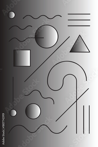 Abstract geometric shapes and lines in a minimalist grayscale gradient background with subtle shading and highlights