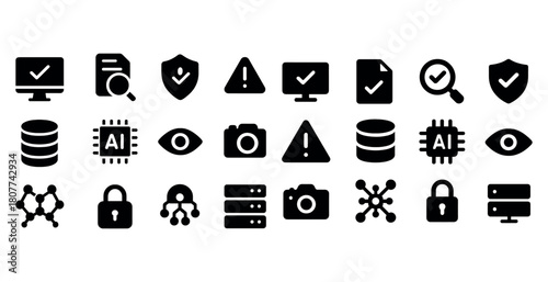 Technology and security icons featuring ai, server, and camera symbols